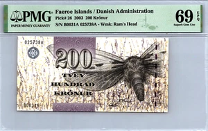Faeroe Islands 200 Kronur 2003 Pick# 26 PMG 69 EPQ Superb GEM UNC - Picture 1 of 16
