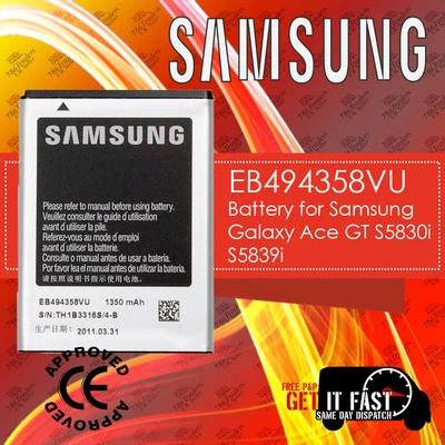 NEW BATTERY FOR SAMSUNG GALAXY ACE 1350 mAh S5830I S5839I EB494358VU MFG 2018 - Image 1 of 3