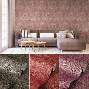 Exclusive Henna Velvet Flock Red Gold Purple Damask Shimmer Oriental Wallpaper - Picture 1 of 28