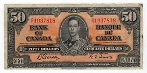 Bank of Canada 1937 $50 Fifty Dollars Gordon-Towers B/H Prefix Good Fine - Picture 1 of 2