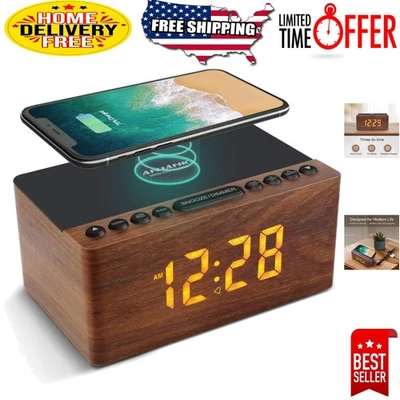 Elegante reloj despertador de madera con doble estación de carga y brillo ajustable Foto 1 de 4