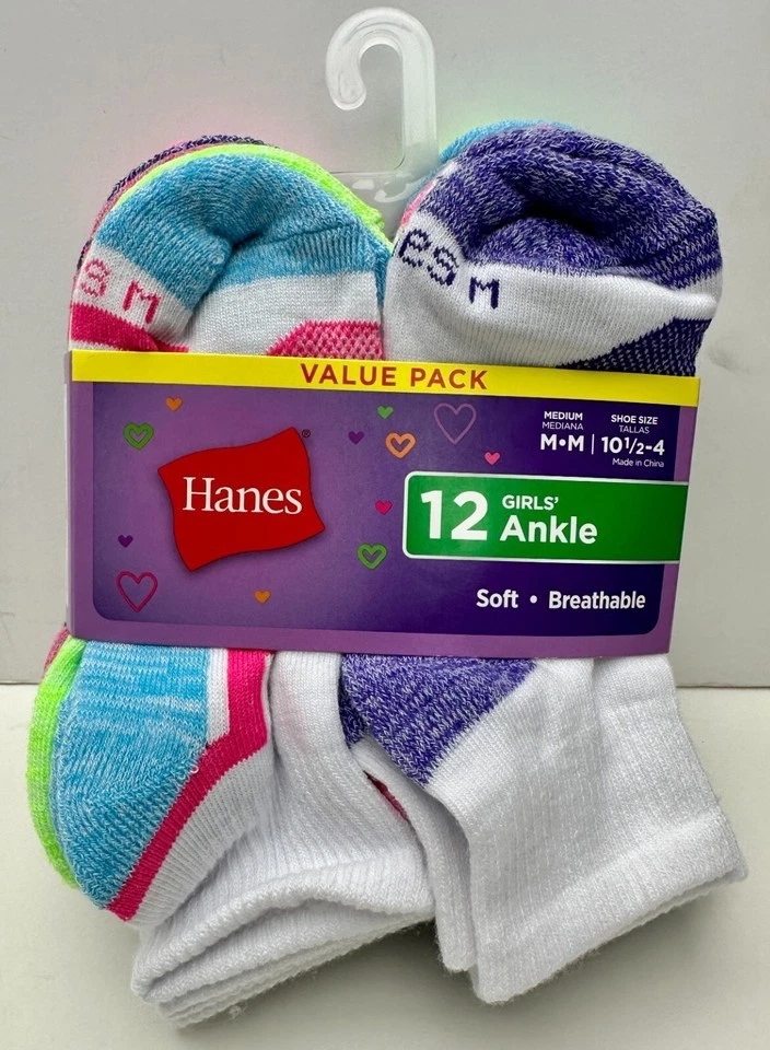 Hanes Value Pack Niñas 12 Pares Calcetines Tobilleros Talla Mediana 10.5-4 Multicolor Libre Sh Foto 1 de 1