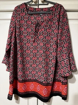 Blusa túnica VALERIE 3/4 manga ROJA/NEGRA cachemira-floral chifón cuerda corbata 3XL Foto 1 de 4
