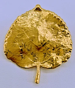 Vintage Real Aspen Leaf Gold Coated Encased Textured Brooch Pin Nature Bohemian - Picture 1 of 4