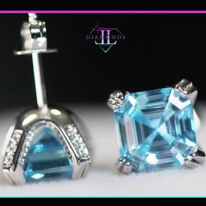 Blue Asscher Diamond Earings | Asscher Ear Studs | Aquamarine Simulated Diamond - Picture 1 of 7