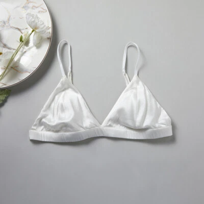 Bralette 100 % seda satinado triángulo camiseta copa sujetador inalámbrico sujetador sin cables top Foto 1 de 4