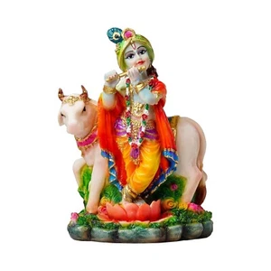 Krishna in marmo con mucca idolo Kanha Ji Murti pezzo da esposizione dio indù idolo decorativo - Foto 1 di 5
