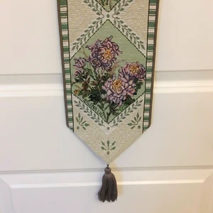 Vtg Lena Liu Floral Tapestry Bell Pull w Wood Dowel and Tassel Sage Green Trim - Picture 1 of 7