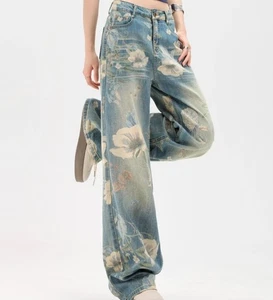 Damen Denim Baumwolle Jeans Straight Leg Freizeithose Hose Blumen Print Neu - Bild 1 von 13