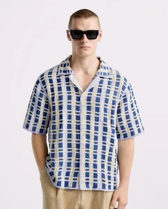 ZARA NEW MAN GEOMETRIC CROCHET SHIRT COLOR BLUE. SIZE XL. FREE SHIPPING. - Picture 1 of 5