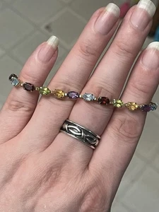 10K Gelbgold Ovalschliff Multi Edelstein Tennisarmband 7" (ein Stein fehlt) - Bild 1 von 8