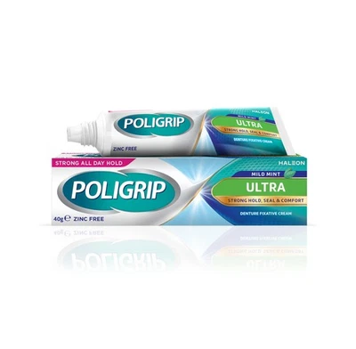 Poligrip Denture Fixative Adhesive Cream Ultra, strong all-day hold, 40g