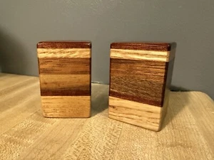 Vintage Pair Layered Wood Salt & Pepper Shakers MCM Boho Decor - Picture 1 of 6