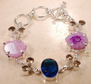 STUNNING BOTSWANA PURPLE AGATE GEODE DRUZY SAPPHIRE .925 SILVER  BRACELET - Picture 1 of 1
