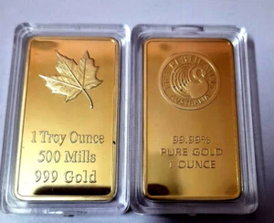 Canada Maple Leaf + Australia Kangaroo 1Oz Gold Plated Restrike Bullion Bars set - Picture 1 of 4