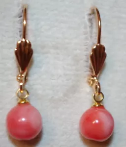 Gorgeous 14K GF Petite Angel Skin Salmon Coral Round Drop Lever back Earrings - Picture 1 of 12