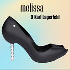 Black Melissa x Karl Lagerfeld "PEARL" Bead Peep Toe Heel Pumps US Size 10