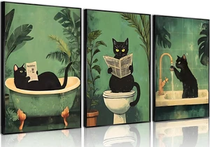 3Pcs Funny Bathroom Black Cat Wall Art Vintage Cat Wash Its Paws Reading Newspap - Picture 1 of 12