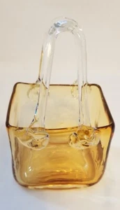 Handgeblasene Glas Blumenvase Geldbörse Handtasche Bernstein mit klaren Griffen 7 3/4 - Bild 1 von 8