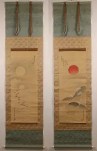 Japanese Hanging Scroll 'Mt&Moon/Geese' KAKEJIKU W/Box Tosa Mitsusada Edo Era - Picture 1 of 21