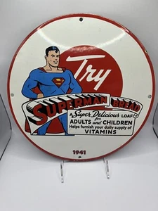12 inch Porcelain Superman Bread Sign in GREAT CONDITION, rare White Background - Picture 1 of 9