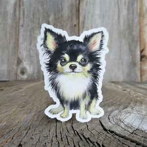 Chihuahua Puppy Dog Sticker Decal Long Haired Black Tan Full Color Water Bottle - Foto 1 di 5