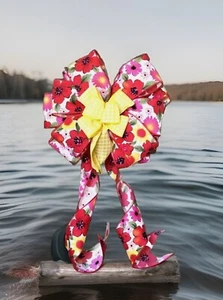 RED-PINK FLOWERS BOW~DECORATION FOR PARTY GIFTS WREATH LANTERN SIGNS 10" WIDE - Picture 1 of 1