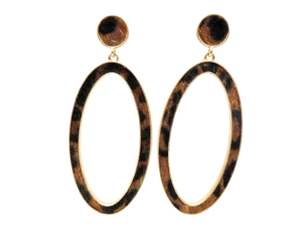 Pierced 4" large gold and brown hairy animal print oval dangle hoop earrings - Picture 1 of 4