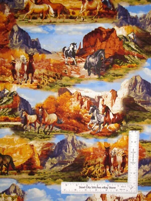 Tela Animal Salvaje Oeste Caballos Árboles Escénico Cañón Western Studio E Patio de Algodón Foto 1 de 3