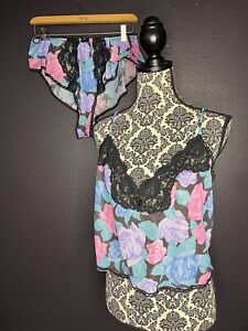 Vintage 80’s 90’s Body Chic Lingerie Set Cami Floral Lace Medium 