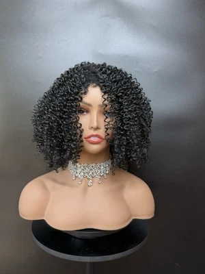 African American Wig Kinky Curly Afro Wig Golden Black Middle Part Heat Ok Short - Image 1 of 4