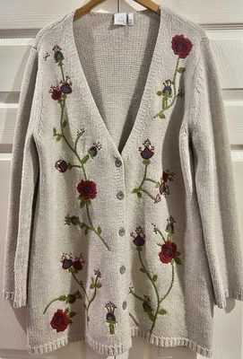 Cárdigan Suéter Jill Para Mujer Talla XL Beige Mezcla Lana Floral Bordado Botón Foto 1 de 4
