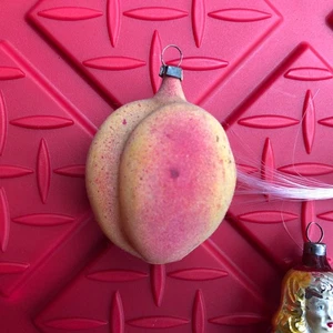 Antiker deutscher kleiner GEFLOCKTER Glas Pfirsich Weihnachtsschmuck 20er Jahre - Bild 1 von 1