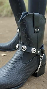 Herren Stiefel Biker Metallkette schwarz 2 Riemen Texas Lone Stern Charms verstellbar Größe - Bild 1 von 24