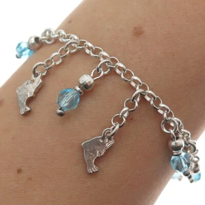 925 Sterling Silver Vintage Italy Crystal Dolphin Charm Rolo Link Bracelet 7" - Picture 1 of 9