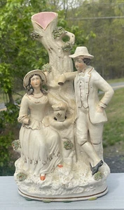 12 3/4" Antique 19th C. Staffordshire Couple Beneath Tree Trunk Vase Figure - Picture 1 of 24