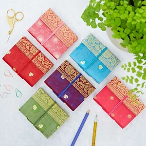 Sari Fabric Pocket Notebook Diary, 6 Colours 8cm x 10.5cm Unlined Recycled Paper - Picture 1 of 24