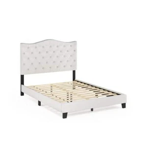 Furinno Bed Frame MDF Frame and Linen Upholstery Tufted Full Size in White - Picture 1 of 7