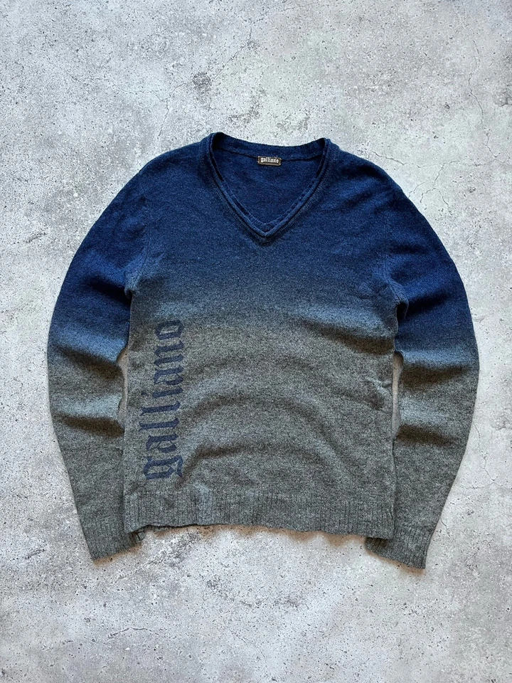 Suéter tejido vintage Galliano de dos tonos azul/gris degradado lana cuello en V para hombre talla L Foto 1 de 4