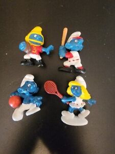 Vintage Schleich Smurfs, 4 Baseball, Bowler, Football, Tennis