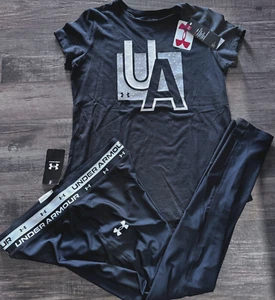 NWT Under Armour YXL Girls Black/White/Gray Big Logo Leggings Set - Picture 1 of 5