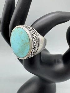 Vintage 925 Sterling Silver Turquoise Massive Heavy Engraved Ring Size 6.5” - Picture 1 of 15