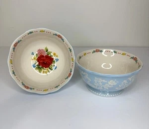 Pioneer Woman Bowls Sweet Rose Footed 6” Set Of Two (2) Blue Floral Rose Farm - Picture 1 of 24