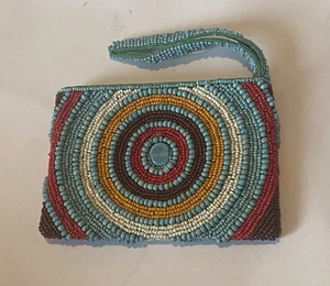 Antique Colorful Turquoise Color Beaded Purse Wrist Strap Bullseye Pattern - Picture 1 of 4