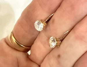 Vintage 10k Yellow Gold & 6.4mm Clear Stone Leverback Drop / Dangle Earrings - Picture 1 of 12