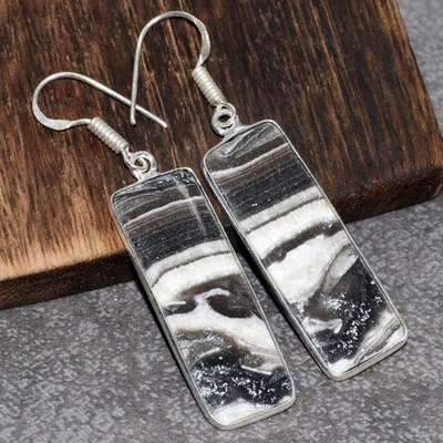 斑马方解石 925 镀银宝石耳环 2.1 英寸情人节礼物 JW — 第 1/3 张图片