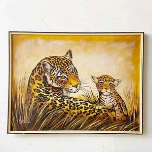Vintage Framed and Signed Oil Painting of Cheetahs - Picture 1 of 10