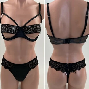 Victoria's Secret Underwire Striped Balconet Bra 32DD Thong M Black Set NWT - Picture 1 of 12