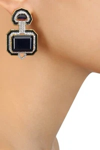 Art Deco Handmade Earrings With Black Onyx, Dark Blue & White 35.10ct Sapphire - Picture 1 of 4
