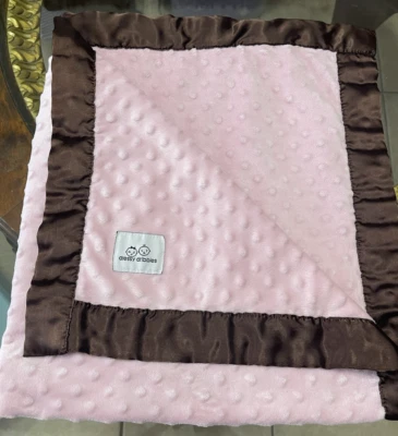 DRESSY DRIBBLES Pink Minky Dot Plush Baby Blanket Brown Satin Trim Double sided - Image 1 of 4